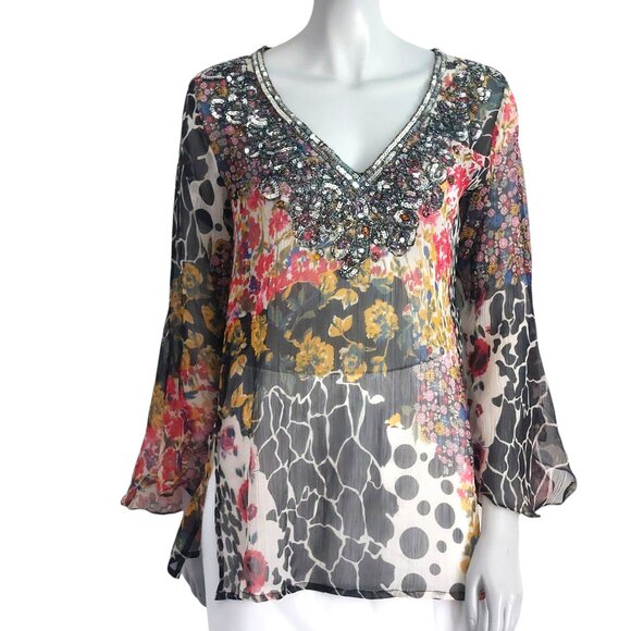 Vintage Y2K Top Medium Sheer Flowy Romeo Juliet Couture Multi Print Silky Sequin - Picture 1 of 16